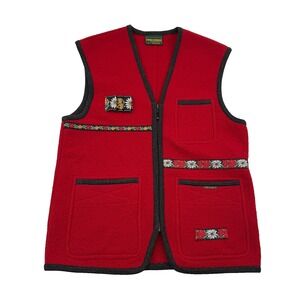 Geiger‎ Wool Vest Womens 34 Red Colorful Trim Made In Austria Pockets
